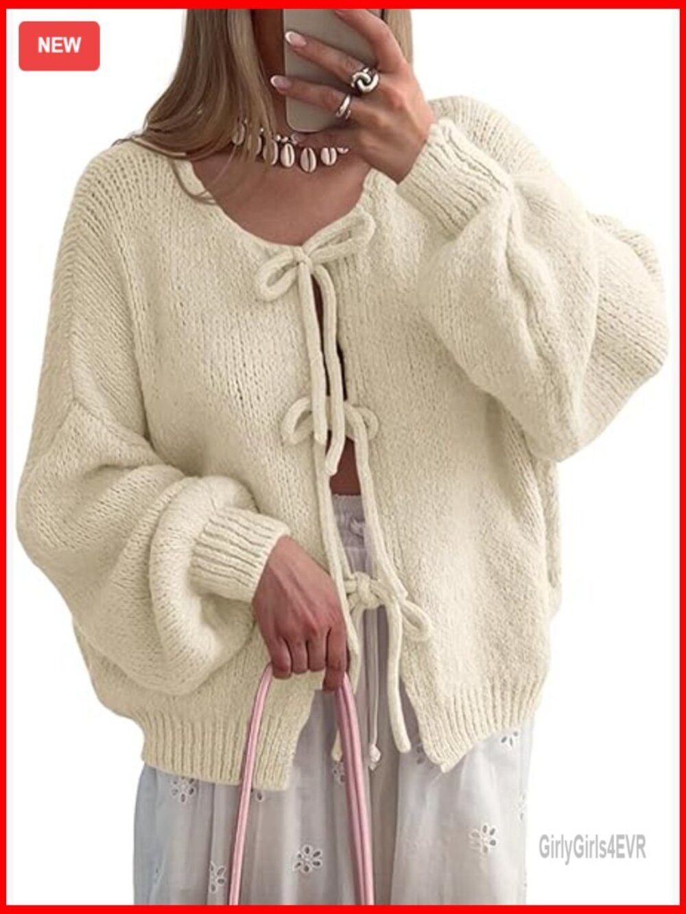 Tie Front Cardigan Sweater Long Sleeve Ribbed Knit Oversized Bow Puff